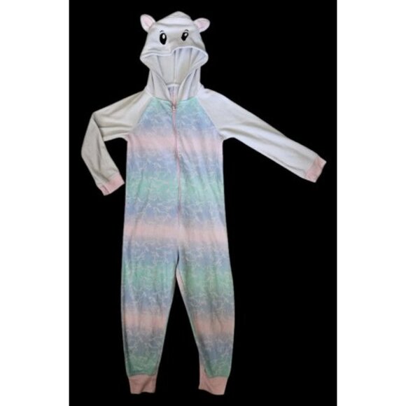 SO Blue Green Unicorn Print Hooded One Piece Fleece Pajamas Girls Size 4 - Picture 1 of 5